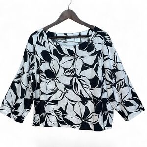 Cynthia Rowley Womens XL Black White Floral 100% Linen 3/4 Sleeve Blouse Top